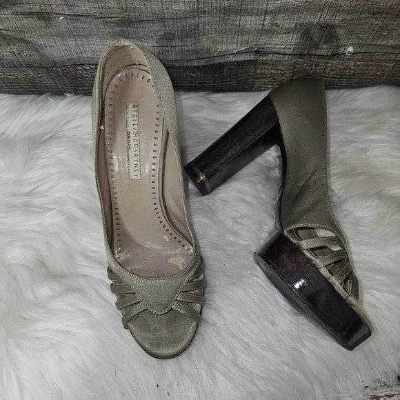 Stella McCartney Taupe Silk Wooden Heel Platform Pumps EU 38 - Picture 2 of 16